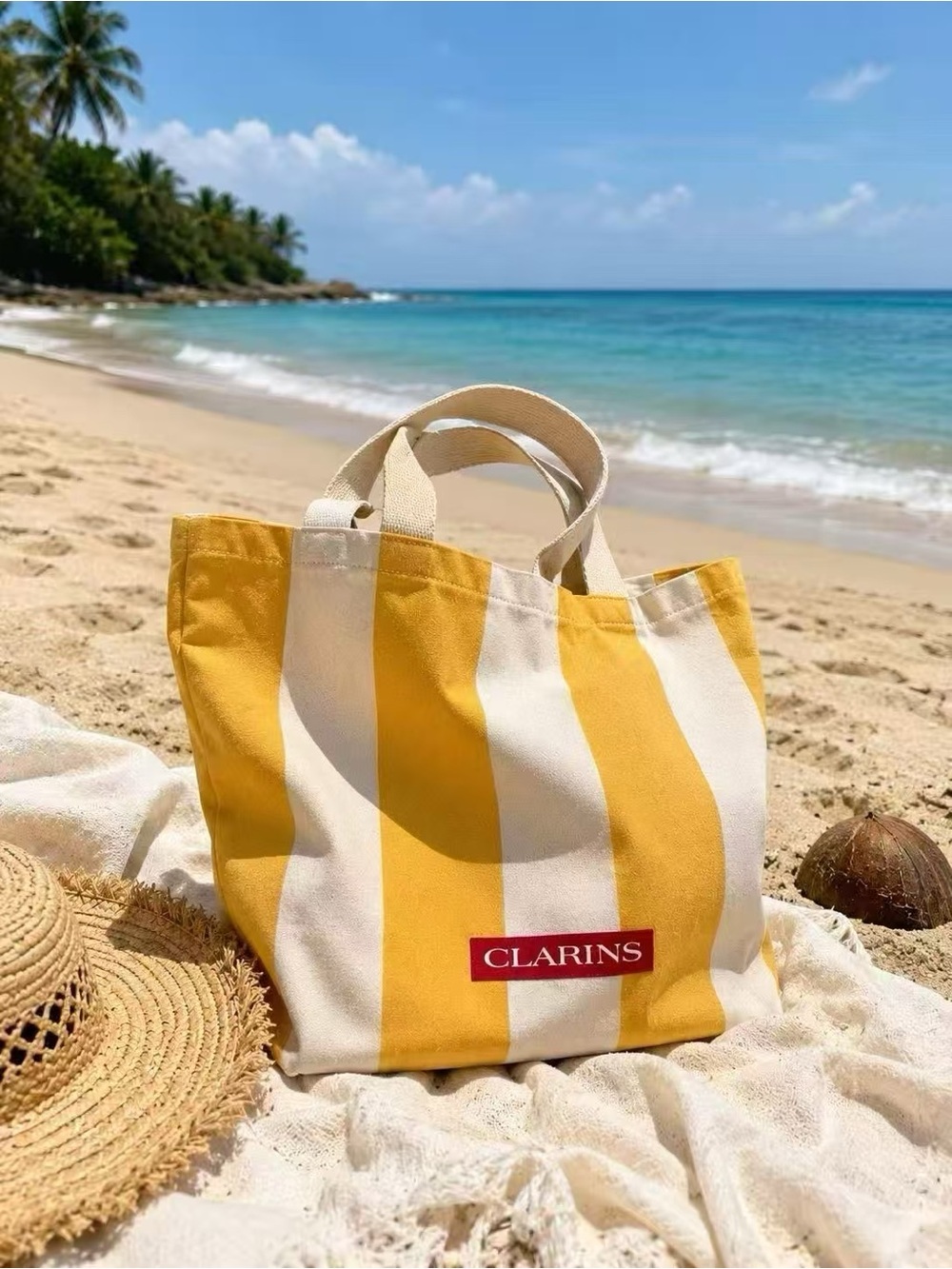 Clarins Yellow and White Striped Canvas Tote with Matching Pouches